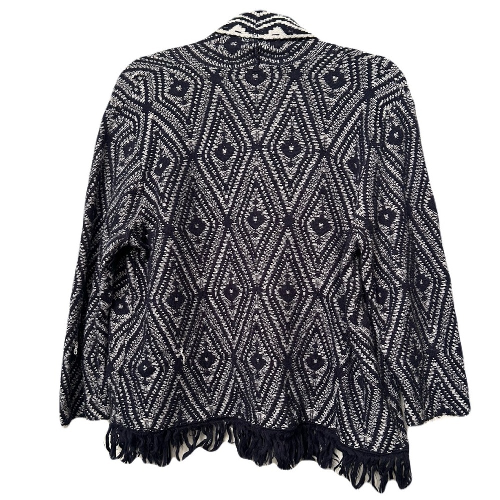 Ruby Rd. Navy and White Geometric Fringe Cardigan - Picture 12 of 15